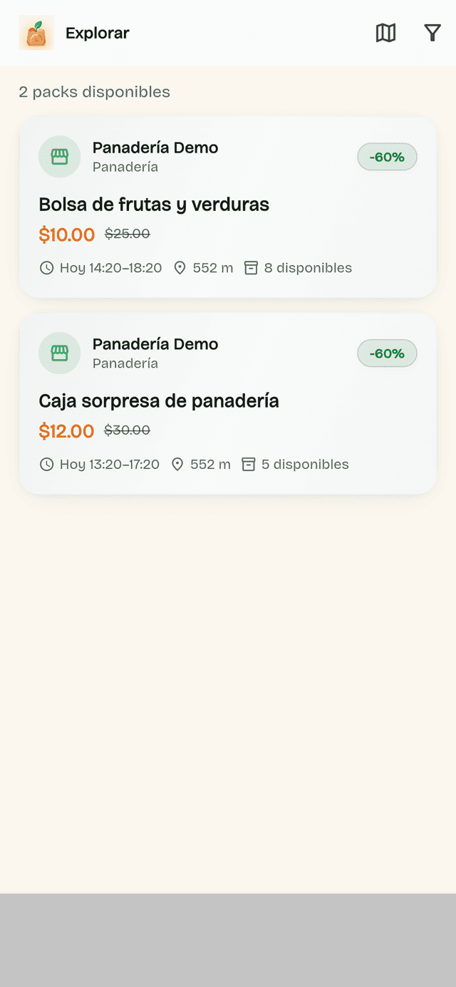 Pantalla de Rescata mostrando packs sorpresa cercanos con precio rebajado